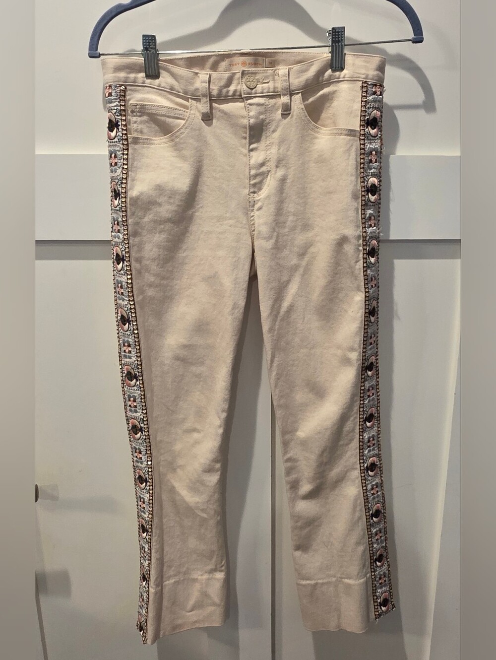 Tory Burch Women's Cropped Off White Embroidered Pants 25 Sandy